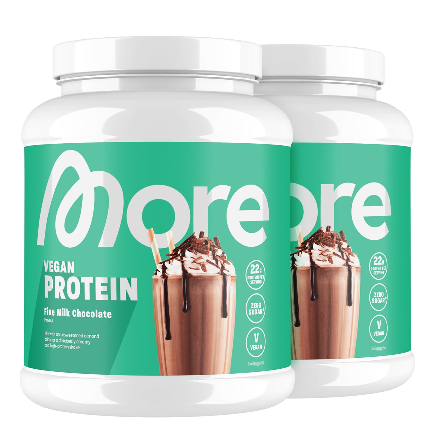 MORE Vegan Protein, 2 x 600 g, Vanilla, Proteinpulver mit bis zu 26 g Protein pro Portion, mit Soja- und Mandelprotein - made in Germany
