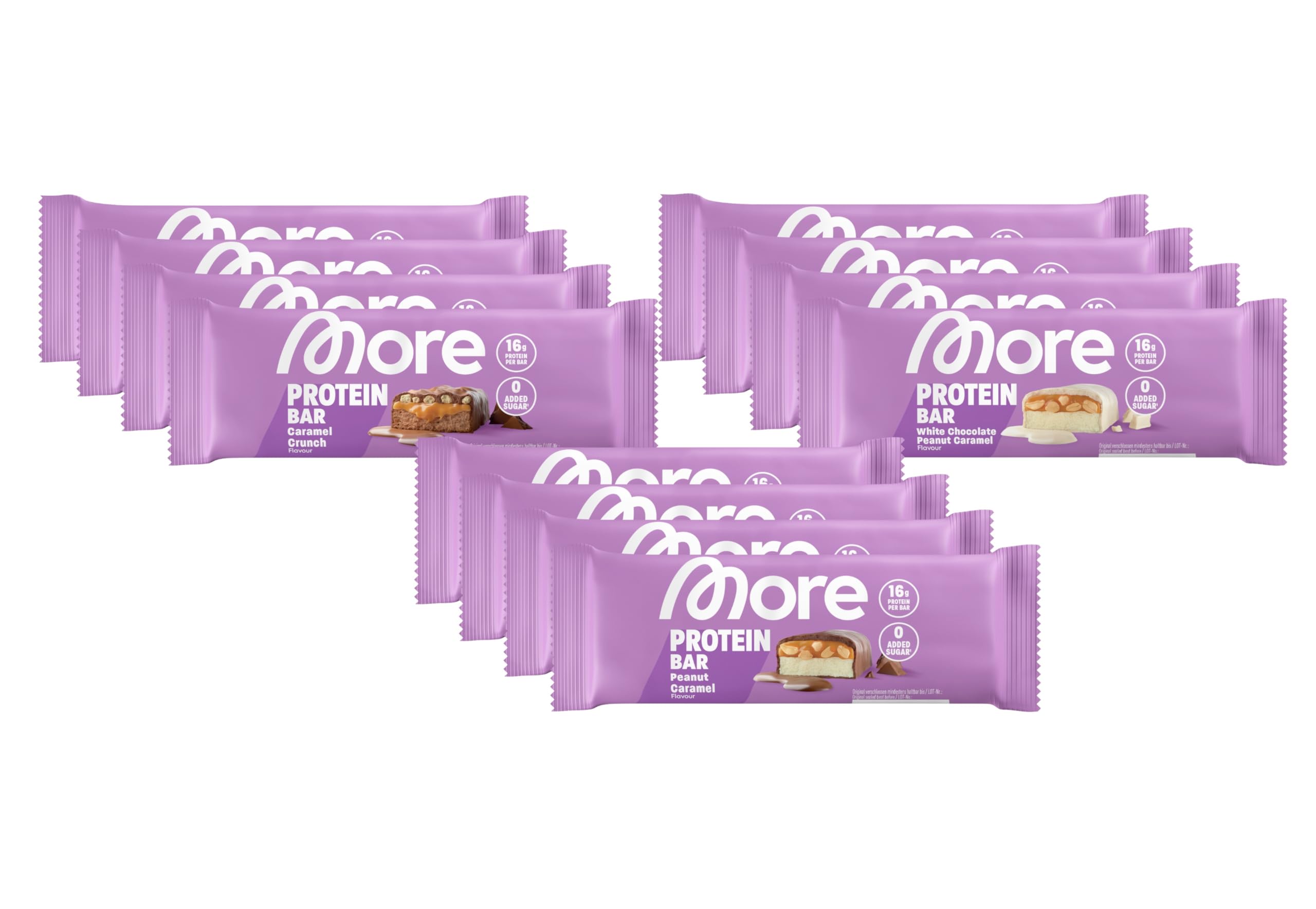 MORE Protein Bar, 10er Box, White Chocolate Peanut Caramel, Protein Riegel ohne Zuckerzusatz (Design kann variieren)