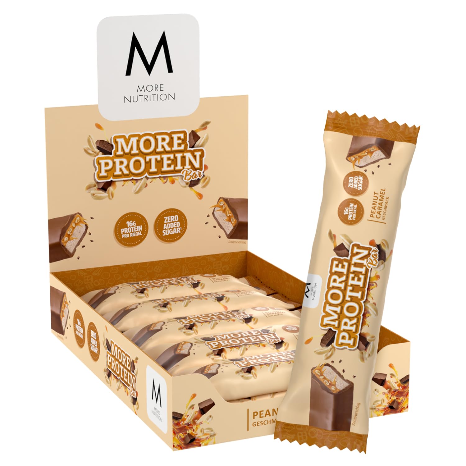 MORE Protein Bar, 10er Box, White Chocolate Peanut Caramel, Protein Riegel ohne Zuckerzusatz (Design kann variieren)